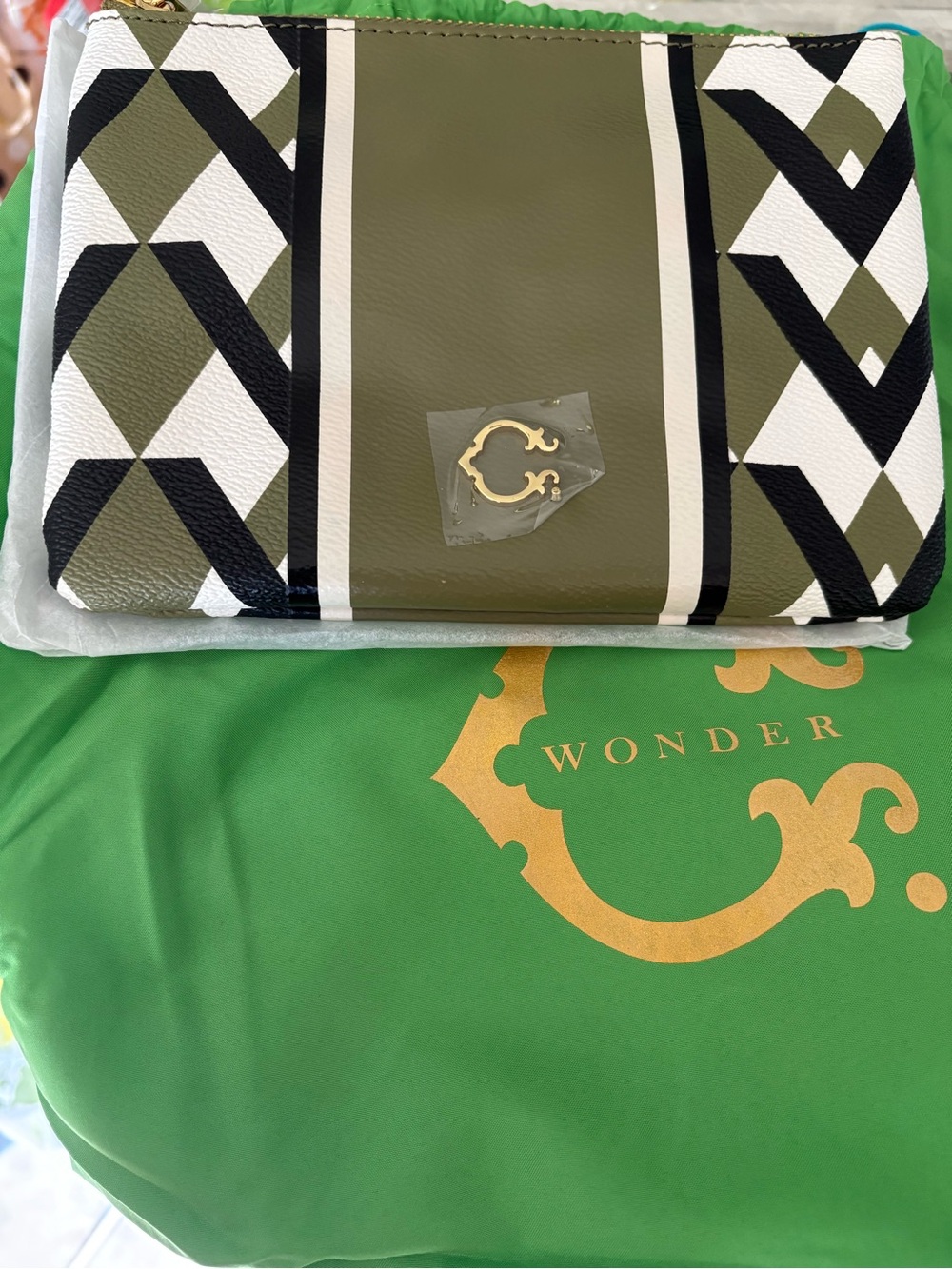 C. Wonder Olive, Black & White Geometric-Print Clutch